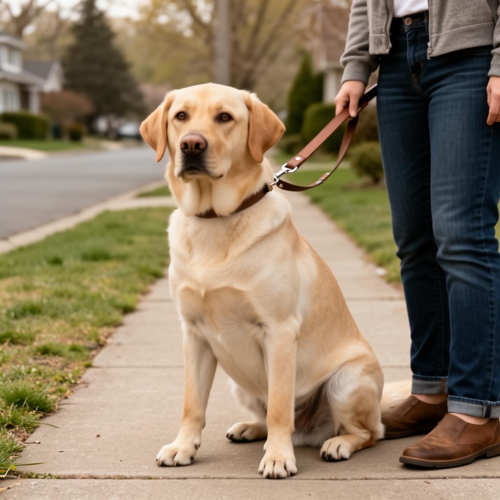Calm Labrador Retriever sitting attentively next to its owner on a loose leash